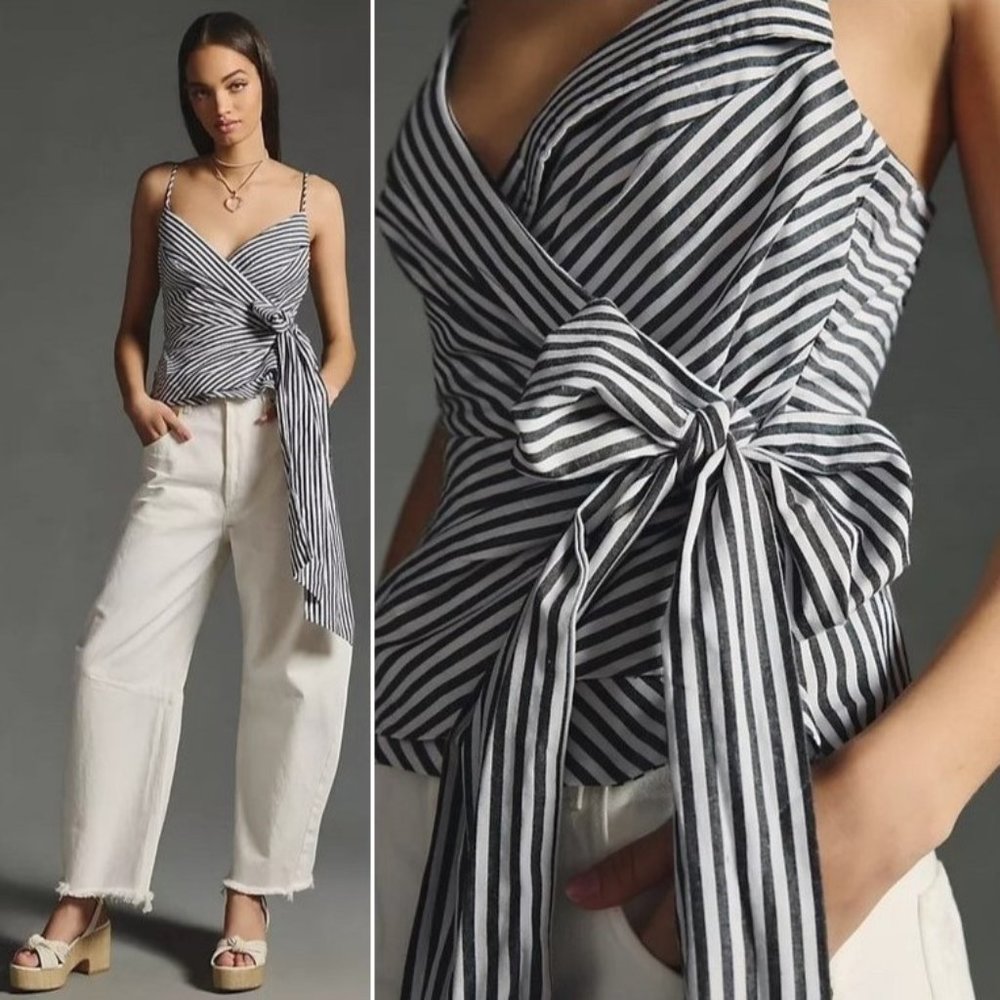 🖤 NEW Anthropologie Maeve B&W Striped Wrap V-Neck Tank XL